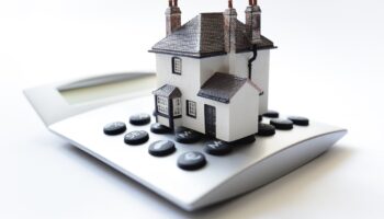 House on calculator concept for mortgage calculator, home finance or saving for a house loan